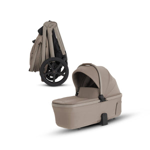 Champagne Silver Cross Cove 2 Compact Bassinet with Folded Stroller Chassis - Front Angle | Strolleria