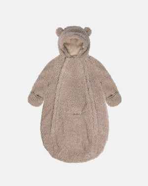 Oatmeal Teddy Fleece Baby Bunting Bag with Bear Ears Hood - Front View | Strolleria