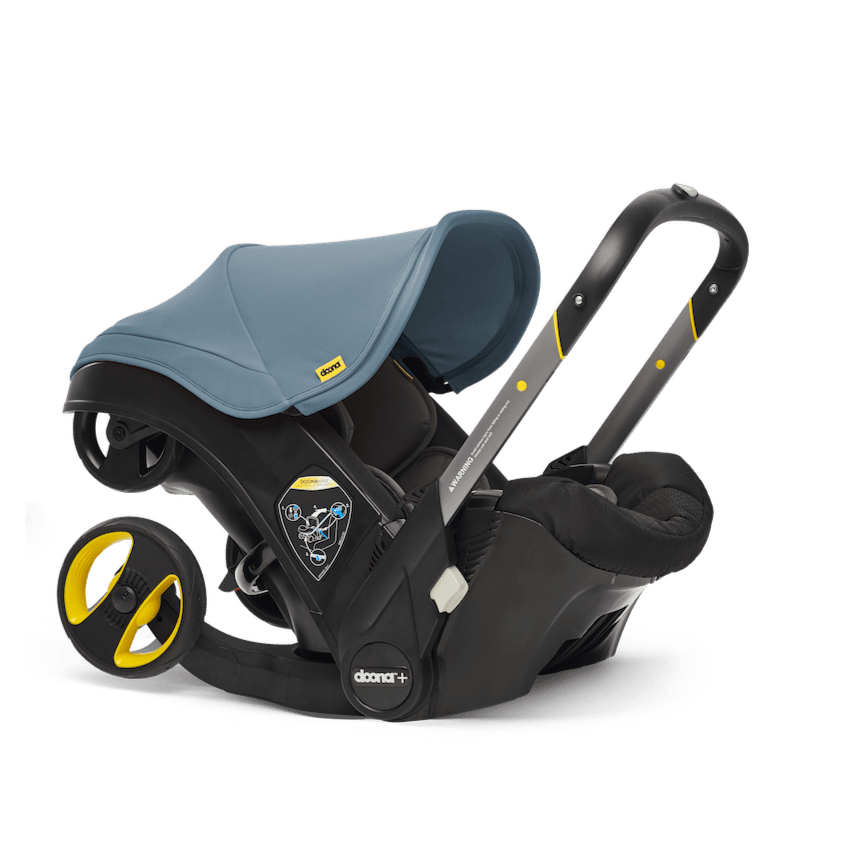 Ocean Blue Doona+ Infant Car Seat with Built-In Wheels - 3/4 Front View | Strolleria