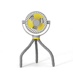 Grey Veer Flex Fan with Yellow Blades - Front View on Flexible Tripod Legs | Strolleria