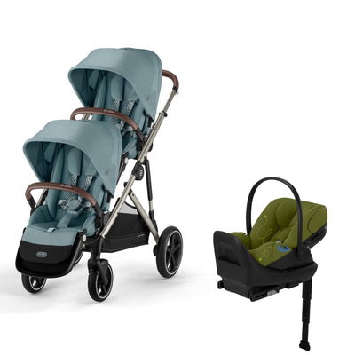 Cybex Gazelle S 2 Double Stroller and Cloud G Lux Travel System - Sky Blue / Nature Green