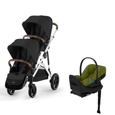 Cybex Gazelle S 2 Double Stroller and Cloud G Lux Travel System - Moon Black / Nature Green