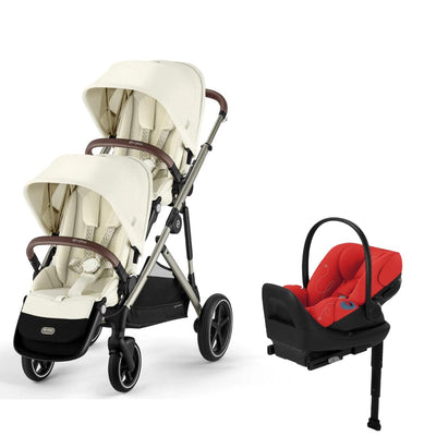 Cybex Gazelle S 2 Double Stroller and Cloud G Lux Travel System - Seashell Beige / Hibiscus Red