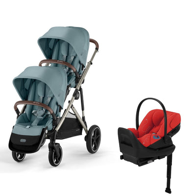 Cybex Gazelle S 2 Double Stroller and Cloud G Lux Travel System - Sky Blue / Hibiscus Red