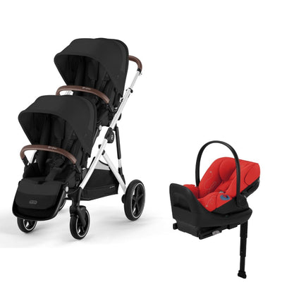 Cybex Gazelle S 2 Double Stroller and Cloud G Lux Travel System - Moon Black / Hibiscus Red