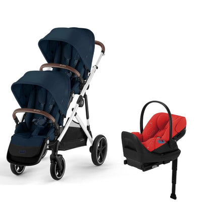 Cybex Gazelle S 2 Double Stroller and Cloud G Lux Travel System - Ocean Blue / Hibiscus Red