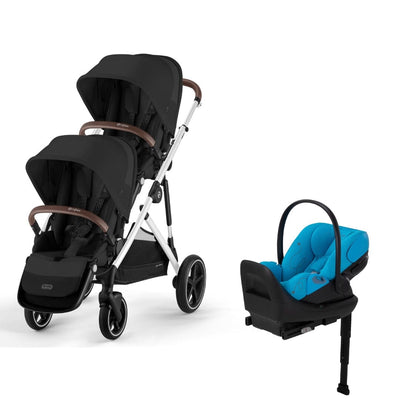 Cybex Gazelle S 2 Double Stroller and Cloud G Lux Travel System - Moon Black / Beach Blue
