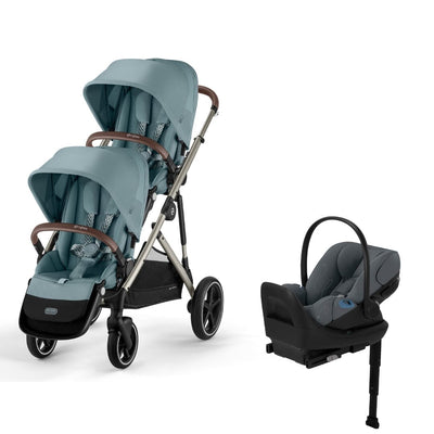 Cybex Gazelle S 2 Double Stroller and Cloud G Lux Travel System - Sky Blue / Monument Grey