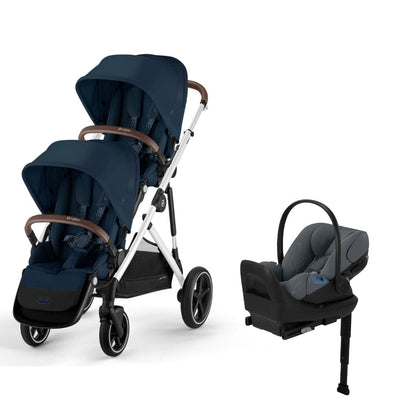 Cybex Gazelle S 2 Double Stroller and Cloud G Lux Travel System - Ocean Blue / Monument Grey