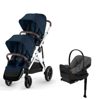 Cybex Gazelle S 2 Double Stroller and Cloud G Lux Travel System - Ocean Blue / Lava Grey