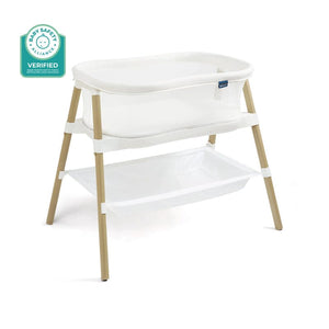 White Wood Halo BassiNest Essential Sleeper - Side View with Safety Certification Badge | Strolleria