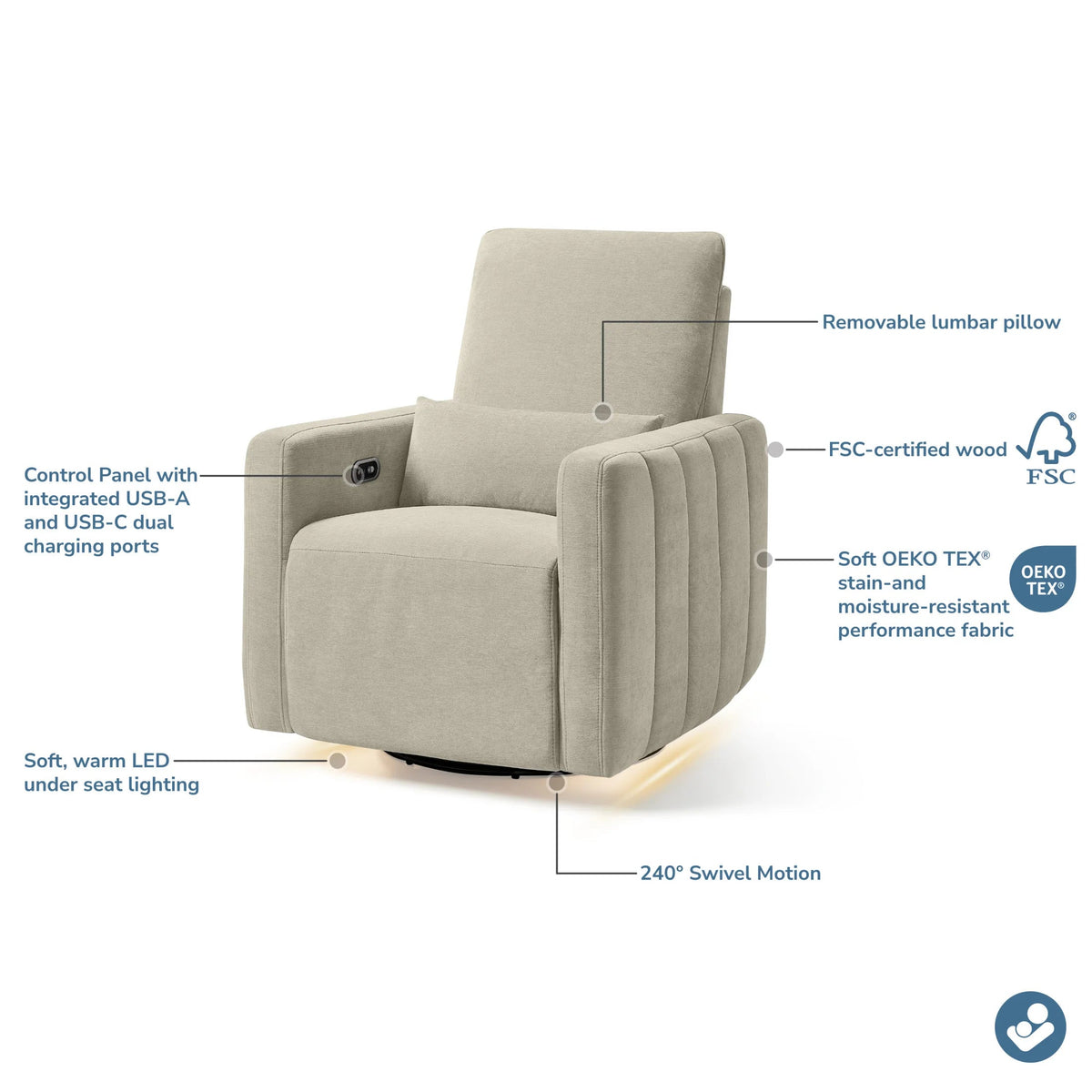 Maxi Cosi Dorian Swivel Glider and Power Recliner with Nightlight- Strolleria
