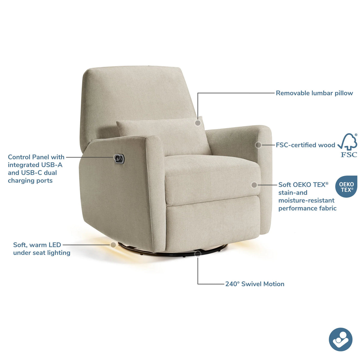 Maxi Cosi Ansel Swivel Glider and Power Recliner with Nightlight- Strolleria