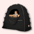 Black SlumberPod Blackout Sleep Tent with Smiling Toddler - Front View | Strolleria