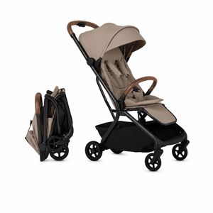 Champagne Silver Cross Nia Compact Travel Stroller - Side Profile and Compact Fold with Tan Handle | Strolleria
