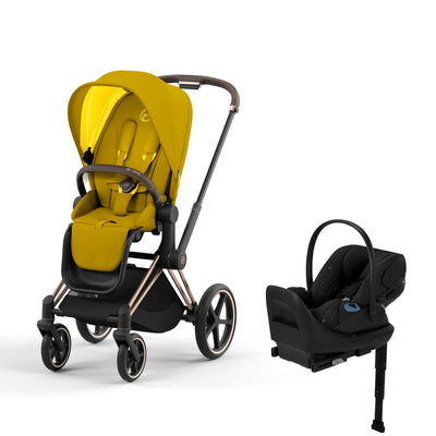 Cybex Priam4 Stroller and Cloud G Lux Infant Car Seat Travel System - Rose Gold / Mustard Yellow / Moon Black