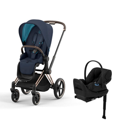 Cybex Priam4 Stroller and Cloud G Lux Infant Car Seat Travel System - Rose Gold / Nautical Blue / Moon Black