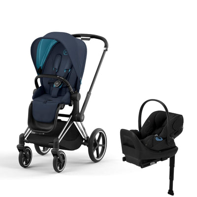 Cybex Priam4 Stroller and Cloud G Lux Infant Car Seat Travel System - Chrome Black / Nautical Blue / Moon Black