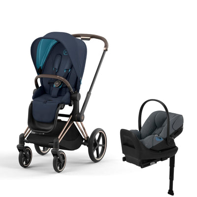 Cybex Priam4 Stroller and Cloud G Lux Infant Car Seat Travel System - Rose Gold / Nautical Blue / Monument Grey