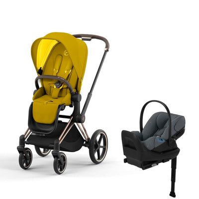 Cybex Priam4 Stroller and Cloud G Lux Infant Car Seat Travel System - Rose Gold / Mustard Yellow / Monument Grey