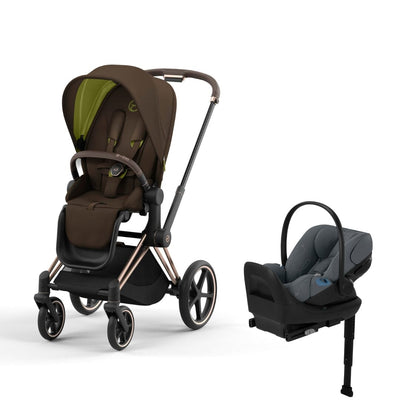 Cybex Priam4 Stroller and Cloud G Lux Infant Car Seat Travel System - Rose Gold / Khaki Green / Monument Grey