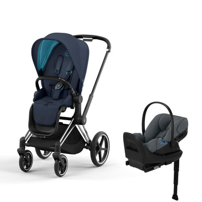 Cybex Priam4 Stroller and Cloud G Lux Infant Car Seat Travel System - Chrome Black / Nautical Blue / Monument Grey