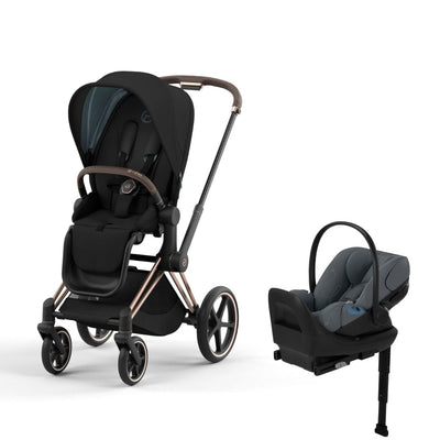 Cybex Priam4 Stroller and Cloud G Lux Infant Car Seat Travel System - Rose Gold / Deep Black / Monument Grey