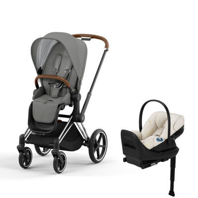 Cybex Priam4 Stroller and Cloud G Lux Infant Car Seat Travel System - Chrome Brown / Soho Grey / Seashell Beige