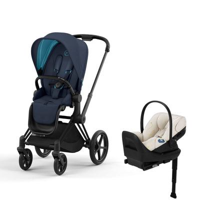 Cybex Priam4 Stroller and Cloud G Lux Infant Car Seat Travel System - Matte Black / Nautical Blue / Seashell Beige