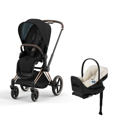 Cybex Priam4 Stroller and Cloud G Lux Infant Car Seat Travel System - Rose Gold / Deep Black / Seashell Beige