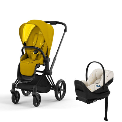 Cybex Priam4 Stroller and Cloud G Lux Infant Car Seat Travel System - Matte Black / Mustard Yellow / Seashell Beige