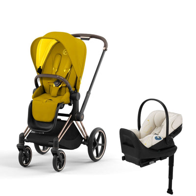 Cybex Priam4 Stroller and Cloud G Lux Infant Car Seat Travel System - Rose Gold / Mustard Yellow / Seashell Beige