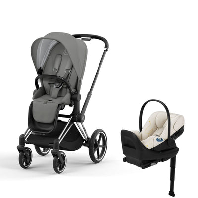 Cybex Priam4 Stroller and Cloud G Lux Infant Car Seat Travel System - Chrome Black / Soho Grey / Seashell Beige