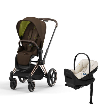 Cybex Priam4 Stroller and Cloud G Lux Infant Car Seat Travel System - Rose Gold / Khaki Green / Seashell Beige