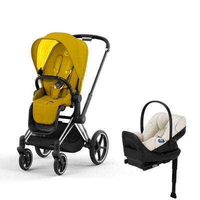 Cybex Priam4 Stroller and Cloud G Lux Infant Car Seat Travel System - Chrome Black / Mustard Yellow / Seashell Beige