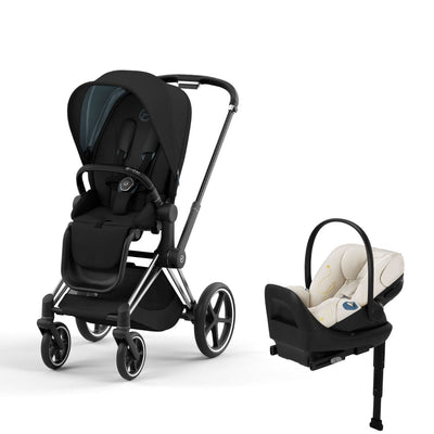 Cybex Priam4 Stroller and Cloud G Lux Infant Car Seat Travel System - Chrome Black / Deep Black / Seashell Beige