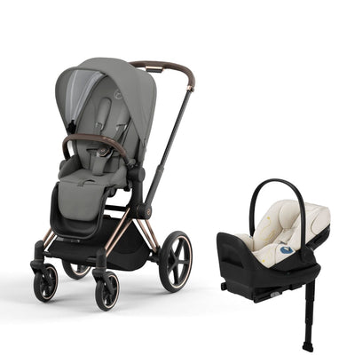 Cybex Priam4 Stroller and Cloud G Lux Infant Car Seat Travel System - Rose Gold / Soho Grey / Seashell Beige