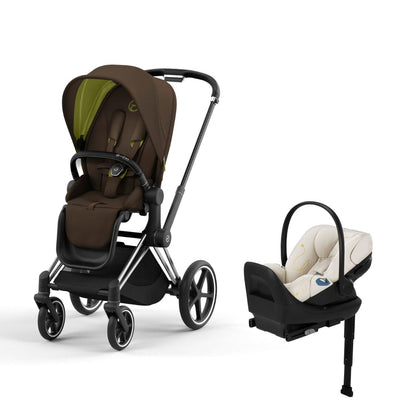 Cybex Priam4 Stroller and Cloud G Lux Infant Car Seat Travel System - Chrome Black / Khaki Green / Seashell Beige