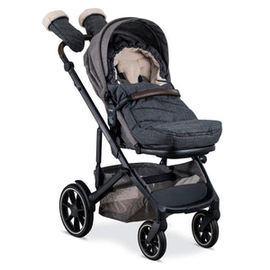 Charcoal Grey Romer Tura Stroller with Winter Footmuff and Mittens - Side Angle | Strolleria