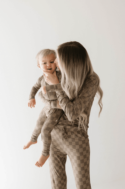 Forever French Baby - Bamboo Zip Pajamas | Faded Brown Checkerboard