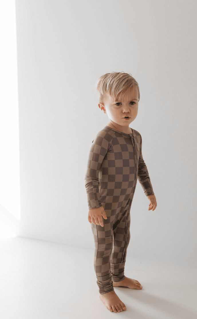 Forever French Baby - Bamboo Zip Pajamas | Faded Brown Checkerboard