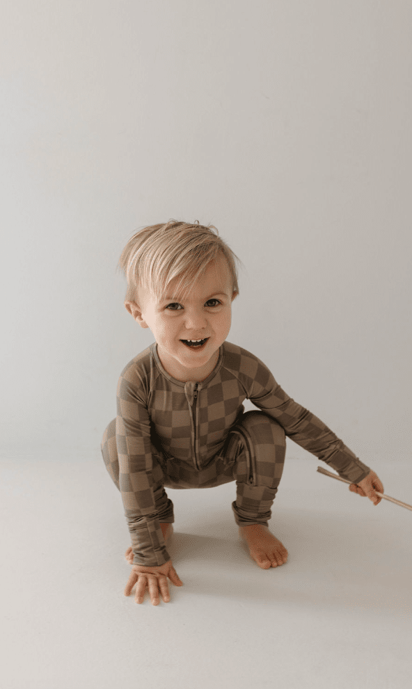 Forever French Baby - Bamboo Zip Pajamas | Faded Brown Checkerboard