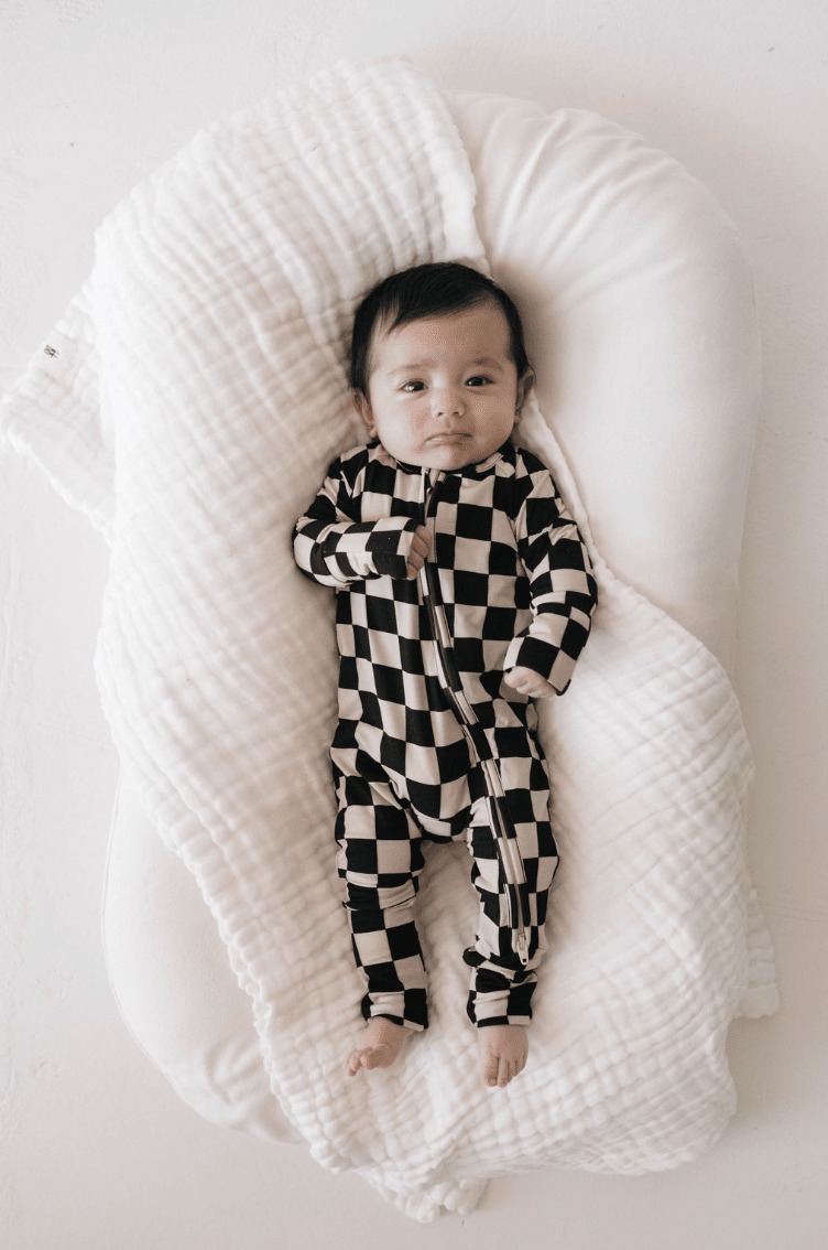 Forever French Baby - Bamboo Zip Pajamas | Black Checkerboard