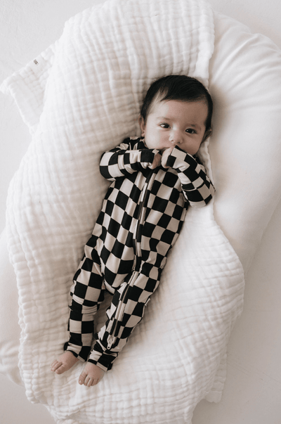 Forever French Baby - Bamboo Zip Pajamas | Black Checkerboard