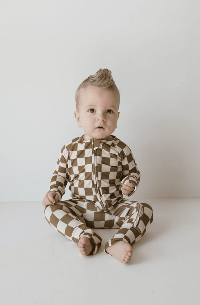 Forever French Baby - Bamboo Zip Pajamas  | Olive Checkerboard