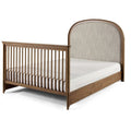 Walnut Wood Full Bed Conversion Rails with Beige Upholstered Headboard - Side View | Strolleria