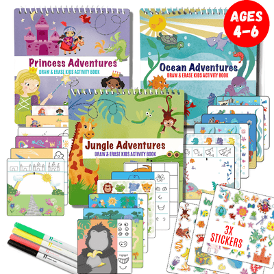UnbuckleMe® Small 7" Dry Erase Activity Book (incl. 2 Washable Markers & Reusable Stickers)