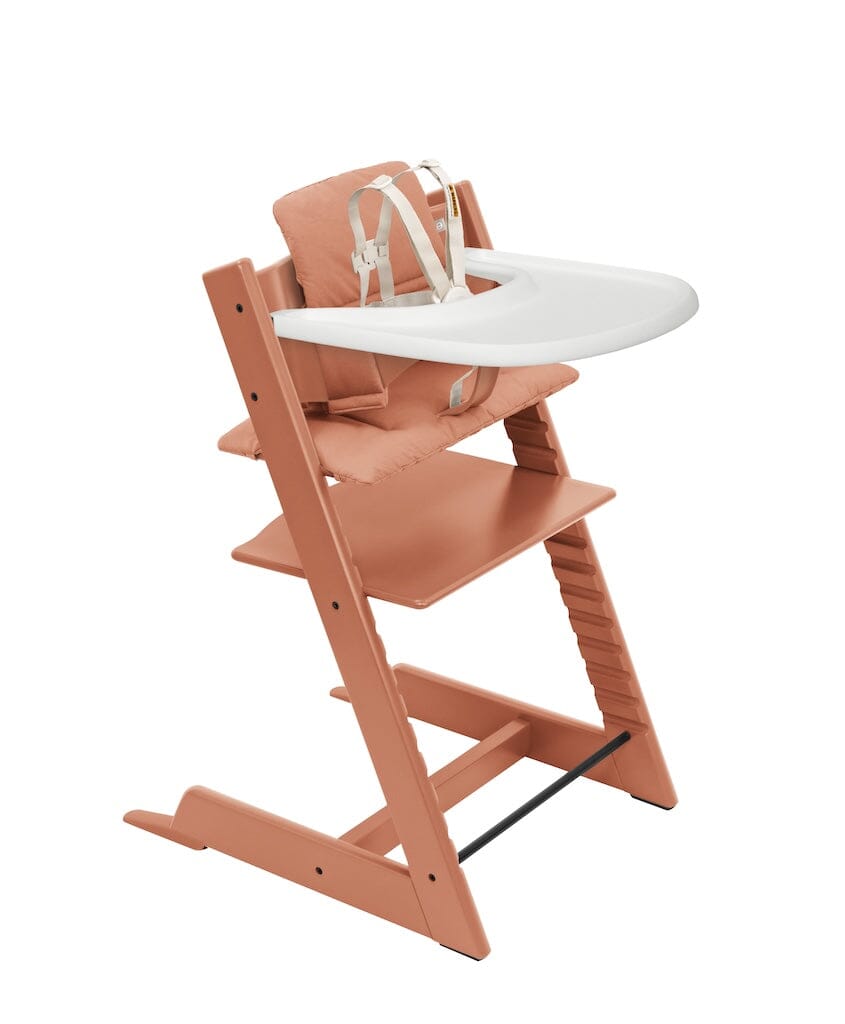 Tripp Trapp High Chair Terracotta, Terracotta Cushion and Stokke Tray