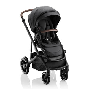 Peppercorn Grey Romer Tura Luxury Stroller with Brown Handle - Front Angle View | Strolleria