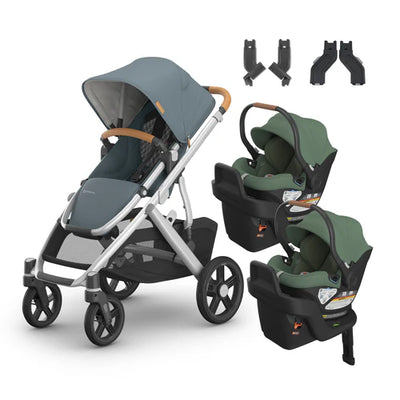 UPPAbaby Vista V3 From Birth Twin Mode Travel System (Stroller + 2 Aria Infant Car Seats + Adapters)